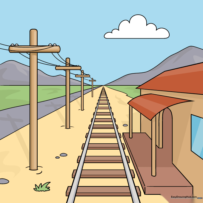 A fully colored, finished drawing of a train track in one-point perspective.
