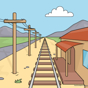 A vibrant, finished drawing of a train track in one-point perspective, showcasing depth and detail.