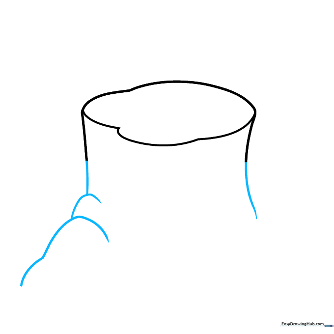 Drawing the sides of the tree stump with added curved hill shapes on the left.