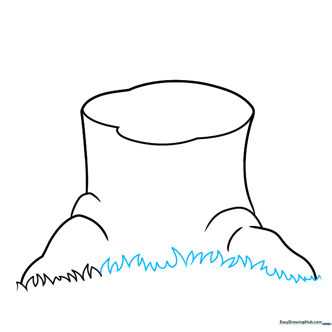 Drawing spiky grass blades along the base of the tree stump.