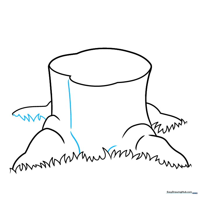 Drawing vertical lines and curves inside the stump to represent bark texture.