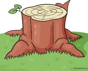 A completed, colorful cartoon tree stump drawing in a forest setting.