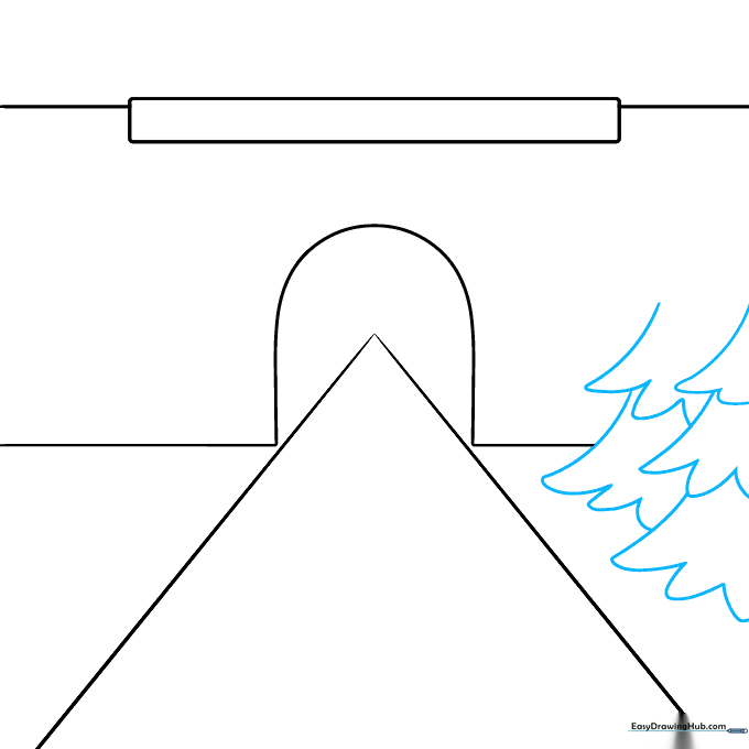 Drawing of pine trees along the side of a road using layered U-shaped lines.