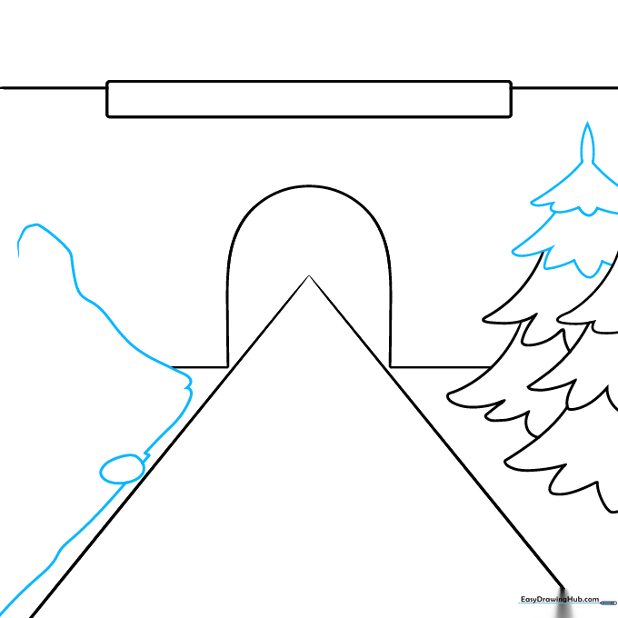 Completed pine trees and the outline of a rolling hillside on the opposite side of the road.