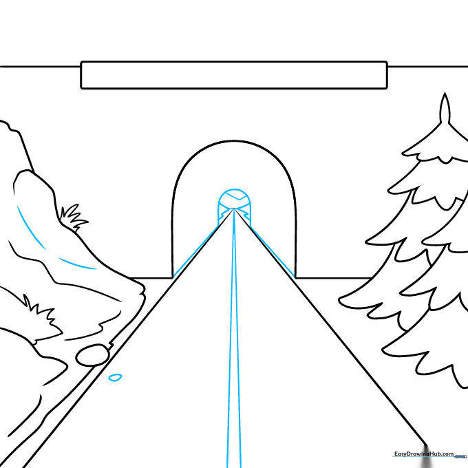 Road markings, tunnel interior details, and distant mountain silhouettes.