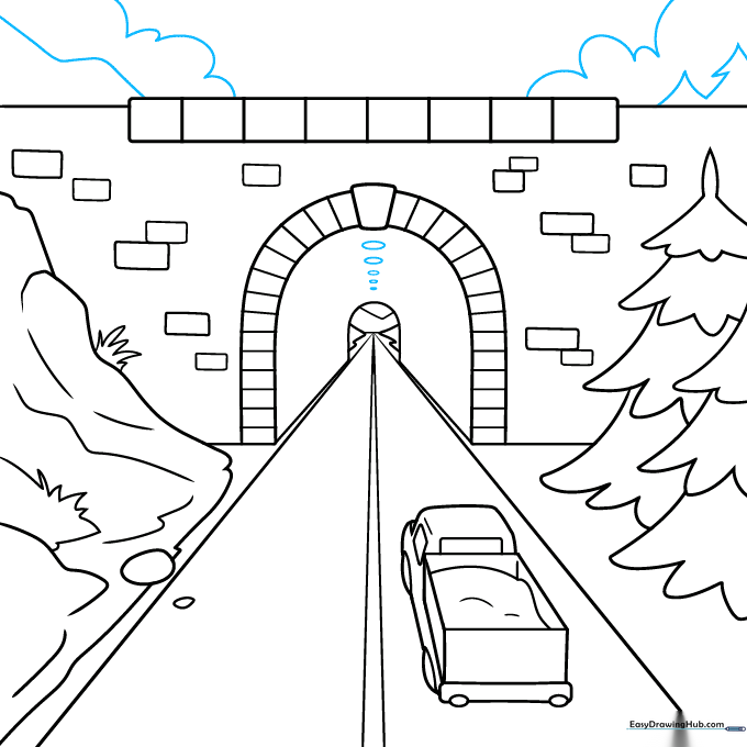 Tunnel interior with lights and background landscape elements completed.