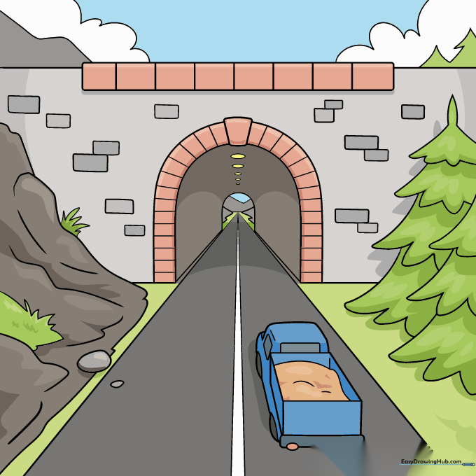 Final colored drawing of a tunnel in one-point perspective.