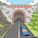 A vibrant, finished drawing of a tunnel in one-point perspective, showcasing depth and landscape details.