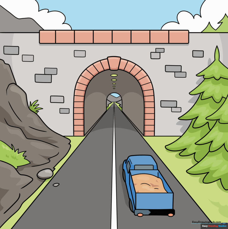 A vibrant, finished drawing of a tunnel in one-point perspective, showcasing depth and landscape details.