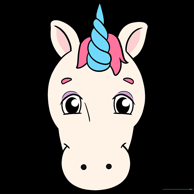 A fully colored, cute cartoon unicorn face with a rainbow mane and horn.