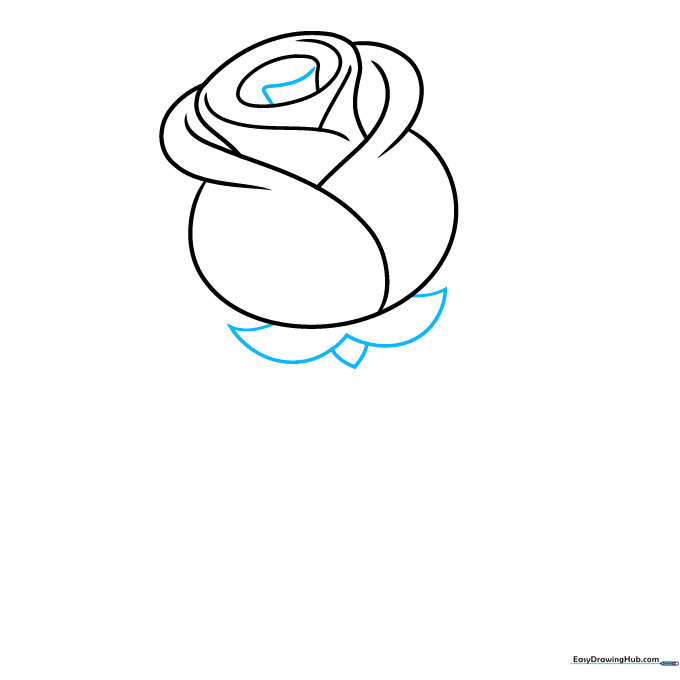 Drawing an L-shaped line and two pointed sepals at the base of the rose.