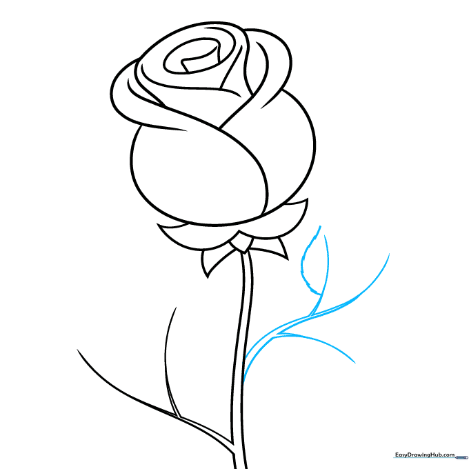 Adding a second twig and beginning the serrated edge of a rose leaf.