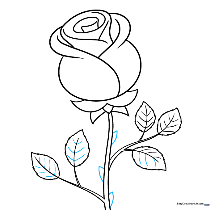 Adding small triangular thorns along the stem of the rose.