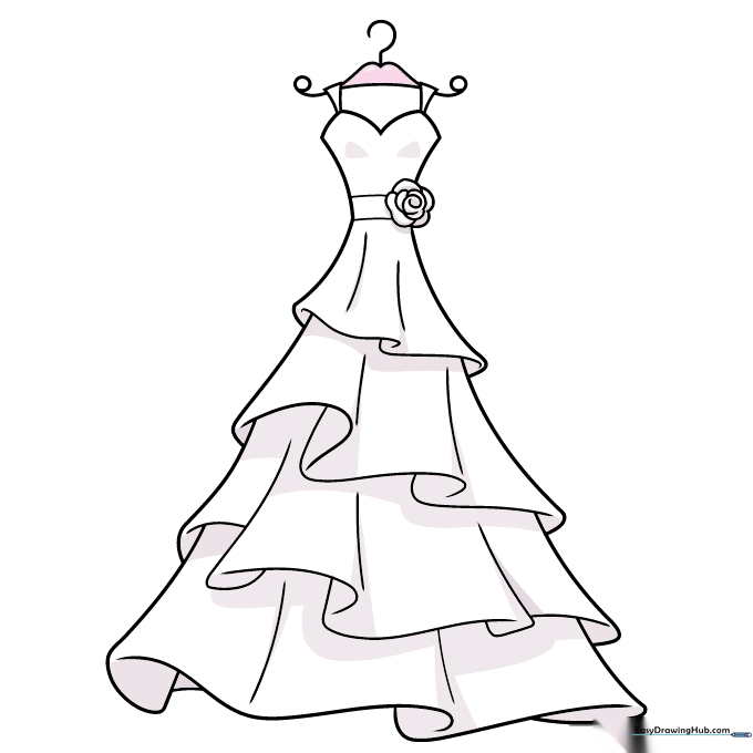 Finished, colored wedding dress drawing on a hanger.