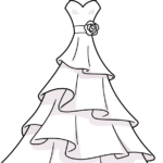 A beautiful, finished wedding dress drawing displayed on a hanger.