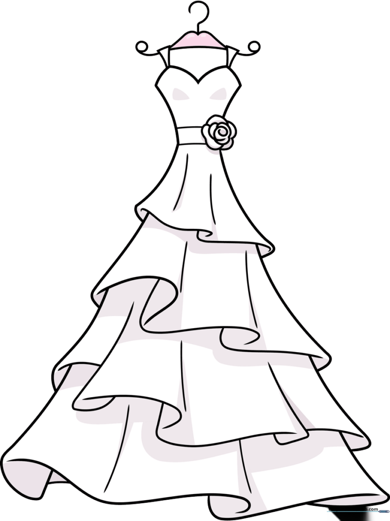 A beautiful, finished wedding dress drawing displayed on a hanger.