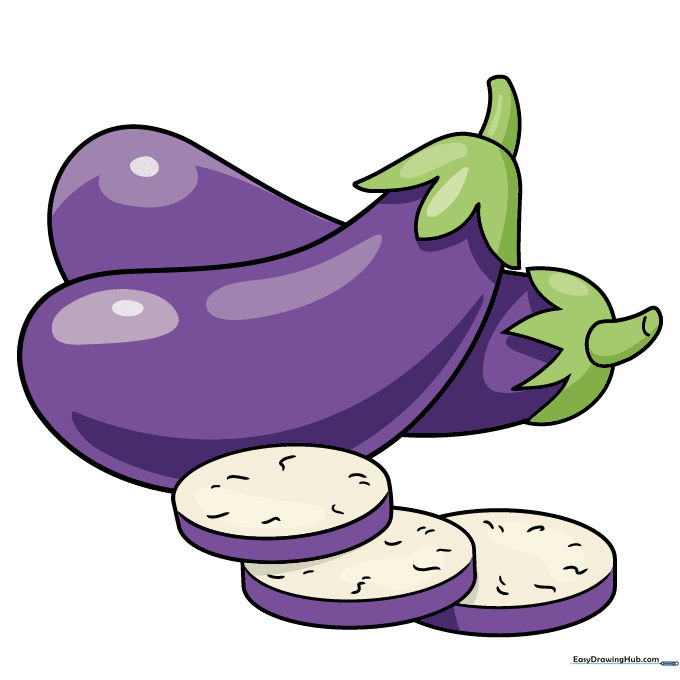 A fully colored, vibrant purple eggplant with green stems.