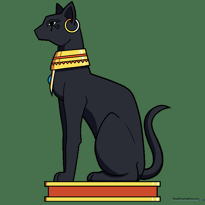 The finished Egyptian cat drawing colored with black fur and gold accessories.