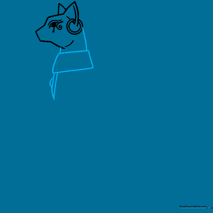 Drawing the neck and a decorative trapezoid-shaped collar on the cat.
