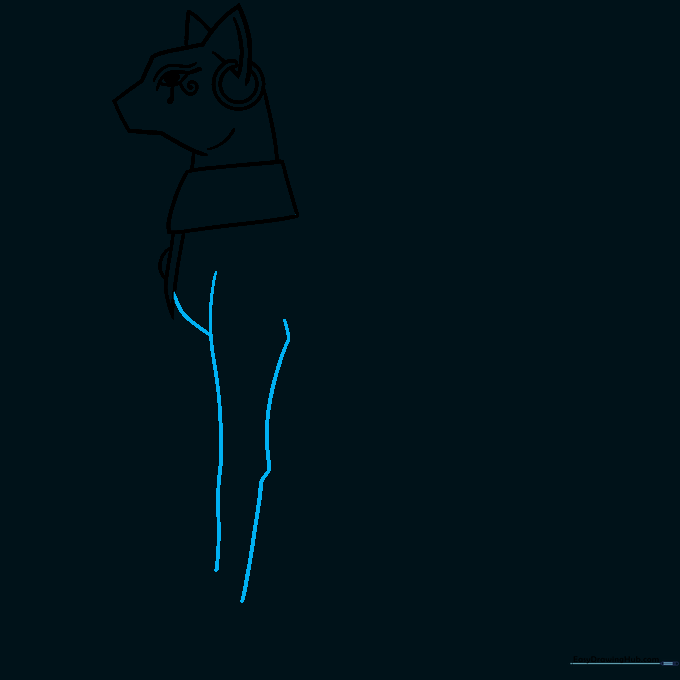 Sketching the cat's chest and the first front leg with smooth curves.