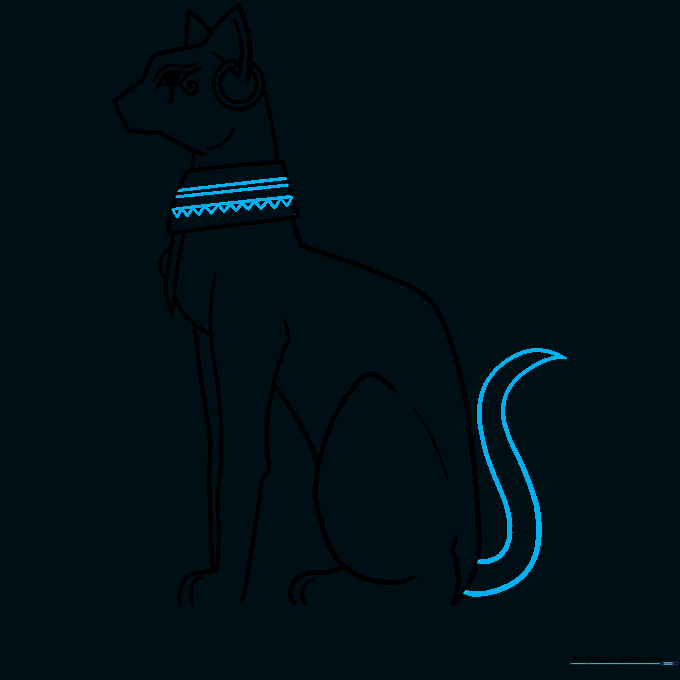 Adding decorative lines to the collar and drawing the cat's tail.