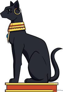 A vibrant, finished illustration of a regal Egyptian cat statue with gold jewelry.