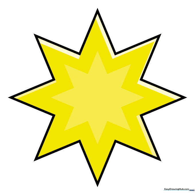 A colorful, finished eight-pointed star drawing.