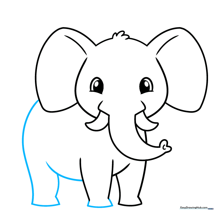 Drawing the elephant's belly, rear leg, and rounded rump