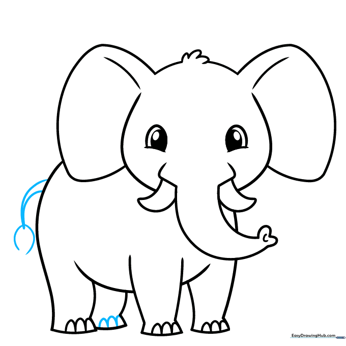 Drawing the elephant's tail with a small, furry tip