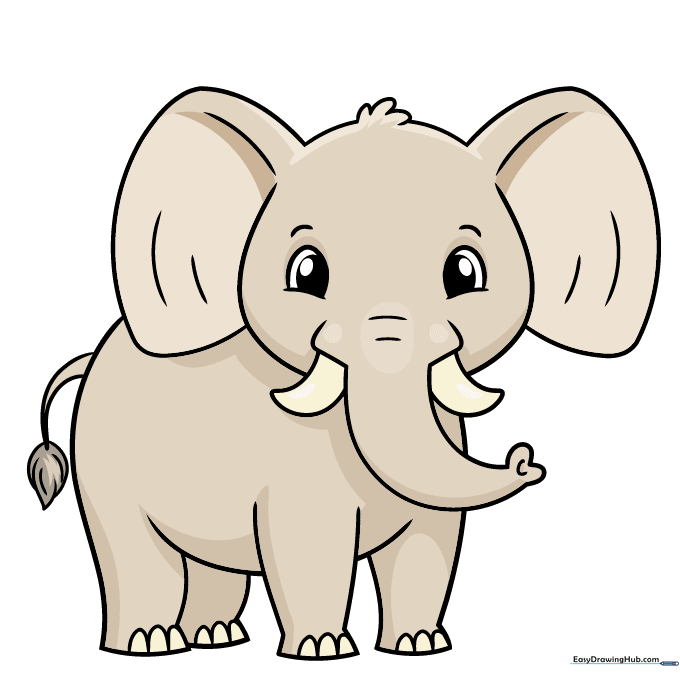 A fully colored, friendly cartoon elephant on a white background