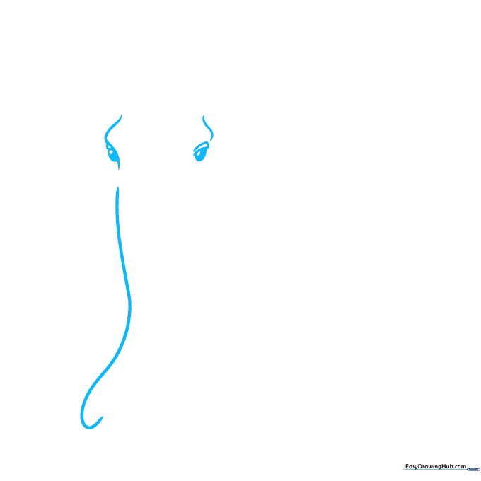 Pencil sketch showing the initial outline of an elephant's forehead and eyes with simple curved lines.