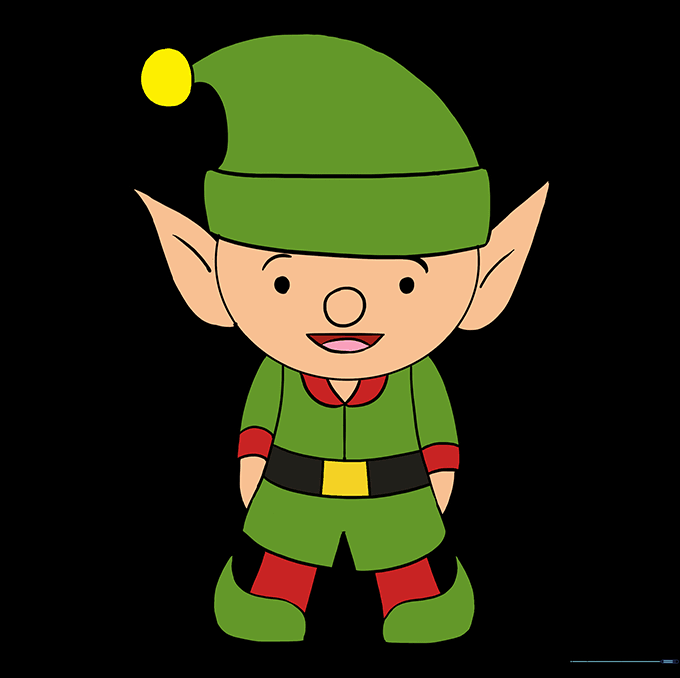 The completed elf drawing, fully colored with festive red and green tones.