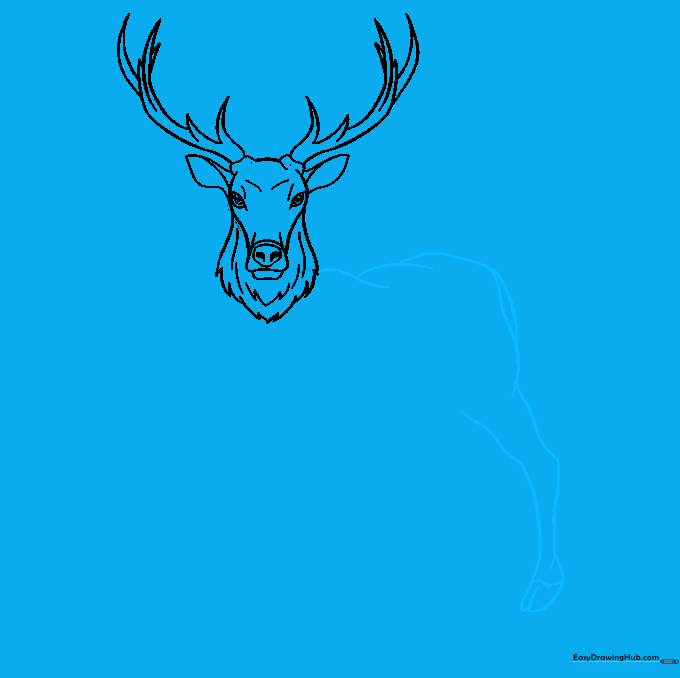 Outline of the elk's back, hip, and one rear leg with a cloven hoof.