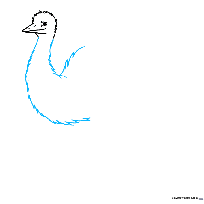 Extending the emu head into a long, feathered neck using jagged, textured pencil lines.