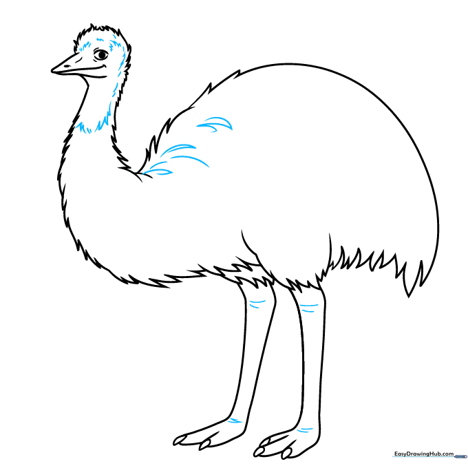 Adding fine details like feather texture and leg creases to the emu sketch.