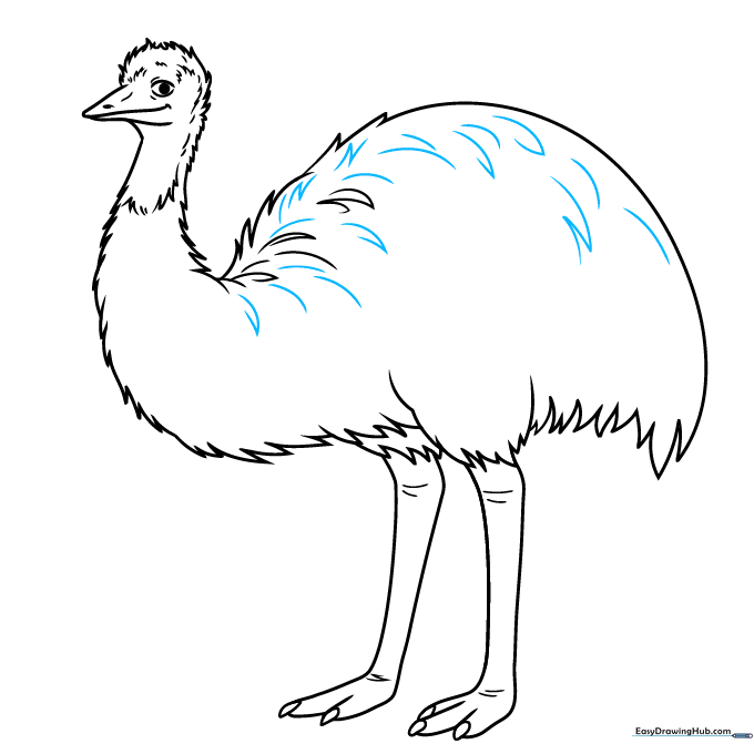 Adding layered V-shaped feather details along the back of the emu.