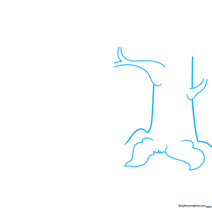 Pencil sketch of a large tree trunk with roots and Y-shaped branches on a white background.