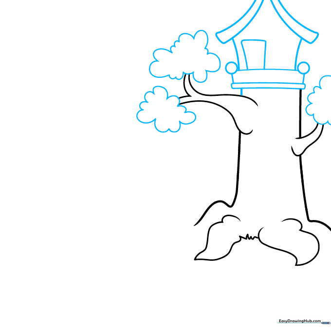 Drawing of a treehouse structure added to the main tree branches with leafy foliage.