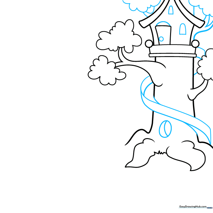 Adding details like windows to the treehouse and a spiral path winding around the tree trunk.