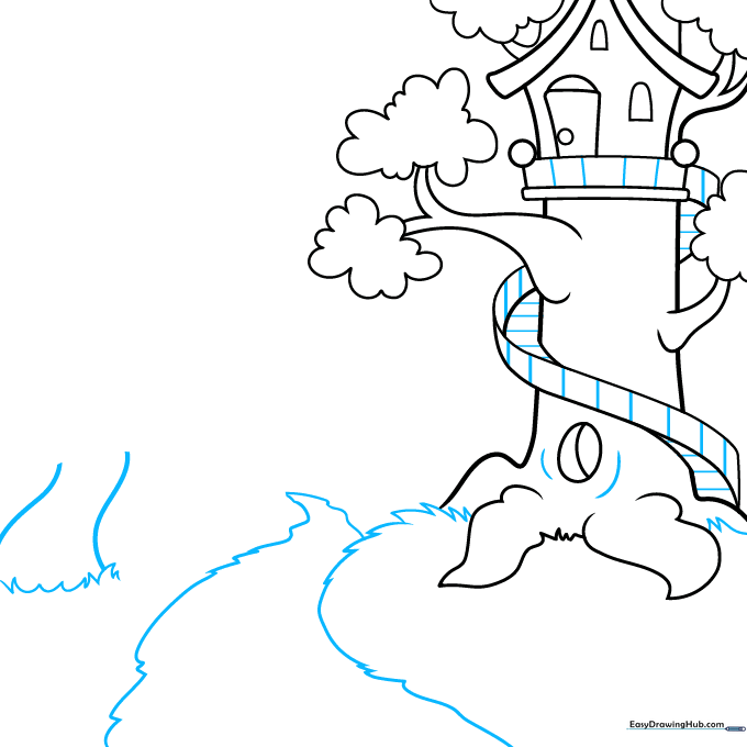 Staircase added to the tree trunk with grass and the base of a mushroom on the ground.