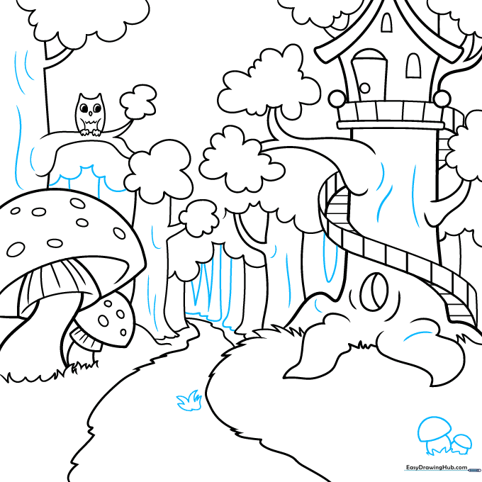 Adding bark texture to the tree and extra mushrooms to the foreground.