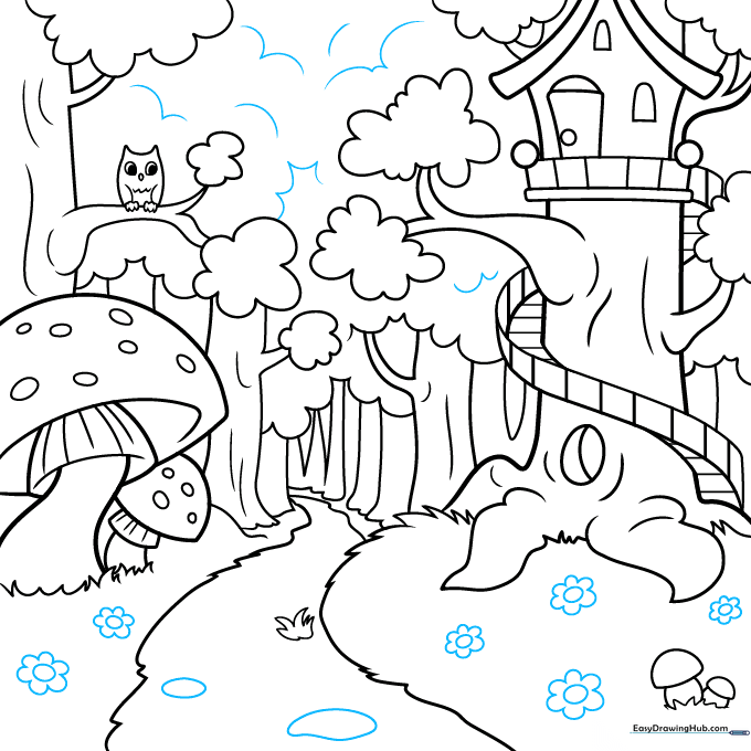 Adding small flowers and rocks to the forest floor to complete the scene.