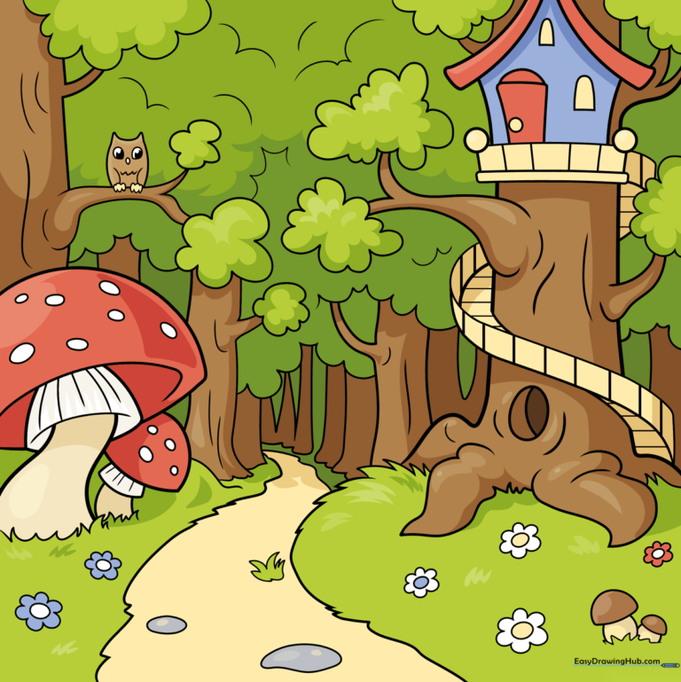 A colorful, finished illustration of a magical enchanted forest with a treehouse and mushrooms.