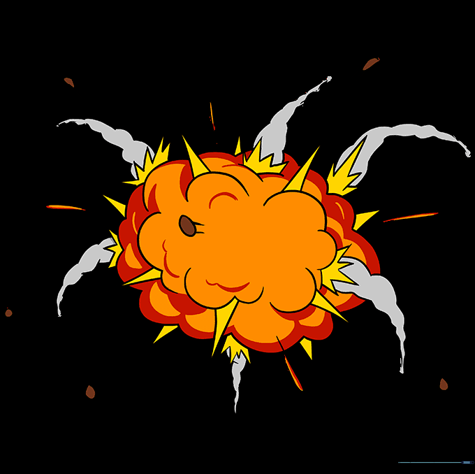A fully colored cartoon explosion with vibrant yellow, orange, and red flames transitioning into grey smoke.