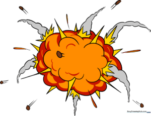 A vibrant, finished cartoon explosion drawing featuring bright colors and dynamic debris.