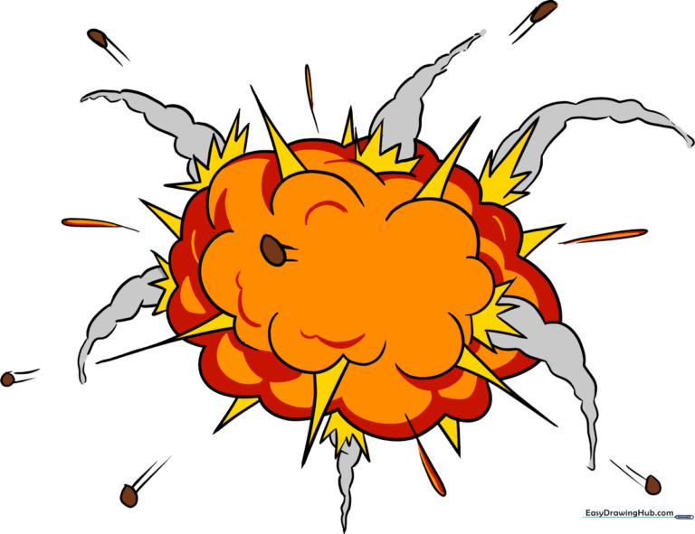 A vibrant, finished cartoon explosion drawing featuring bright colors and dynamic debris.