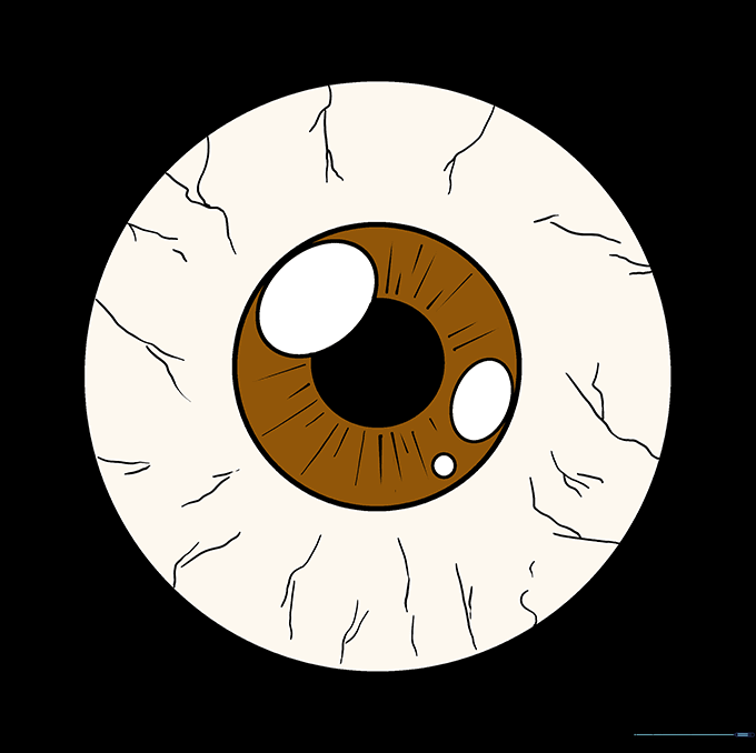 A finished, colored drawing of an eyeball showing depth and realistic shading.