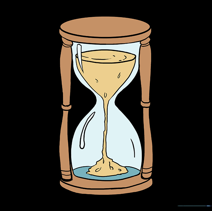 A fully colored, finished drawing of an hourglass with wooden frame and golden sand.