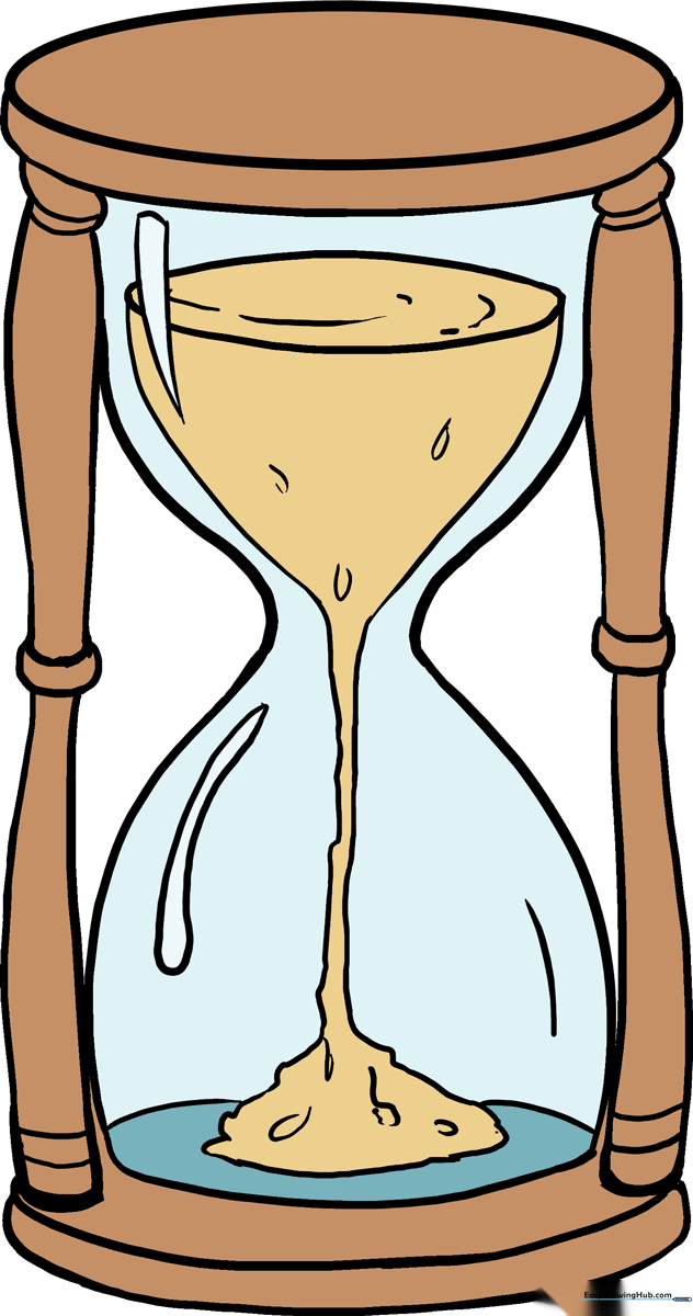 A completed, vibrant drawing of a classic hourglass, showcasing the final result of the tutorial.