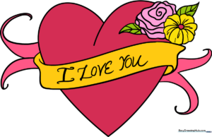 A vibrant, finished drawing of a heart with a banner and flowers, perfect for a handmade card.